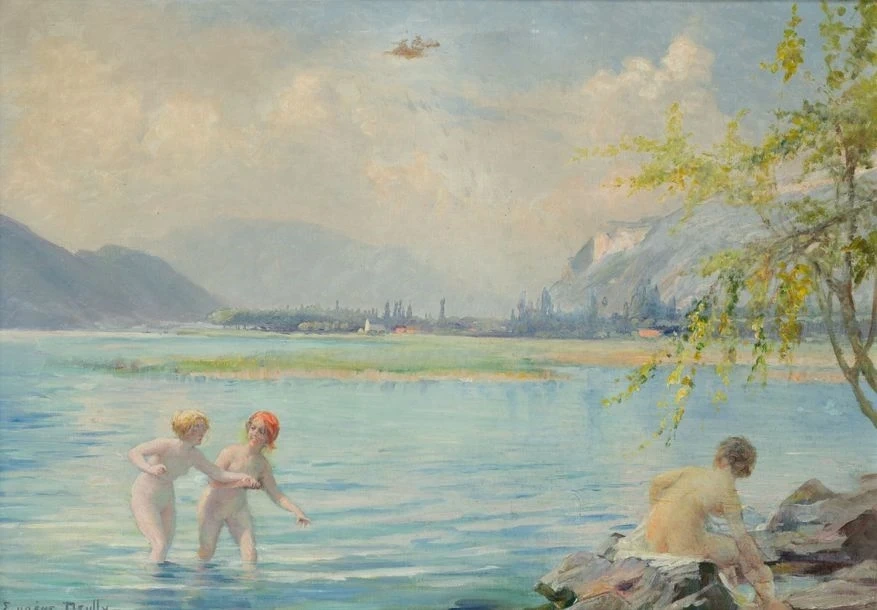 Eugène Auguste François Deully - Bagnanti in un paesaggio montano